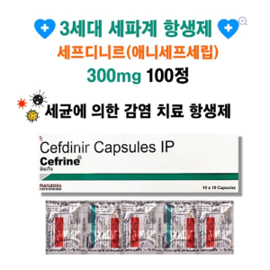 3세대 세파계 항생제 세균에 의한 감염 치료 세프디니르 300mg 100정 Cerfrine 300mg짧은 유통기한 2026년 8월